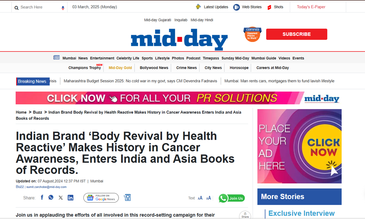 Indian Brand ‘Body Revival by Health Reactive’ Makes History in Cancer Awareness, Enters India and Asia Books of Records.