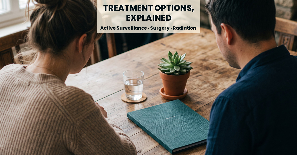 Two people in a calm consultation setting discussing prostate cancer treatment options