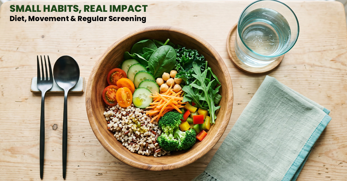 Flat lay of a simple healthy meal representing lifestyle habits that support prostate health