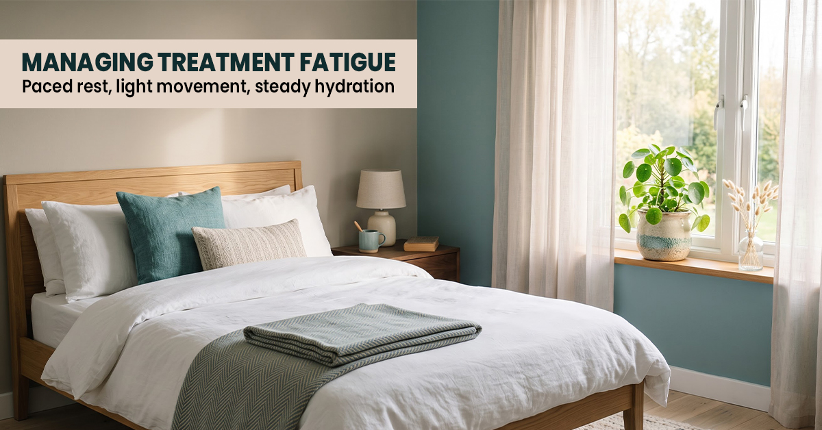 Restful bedroom scene illustrating fatigue management during lung cancer treatment