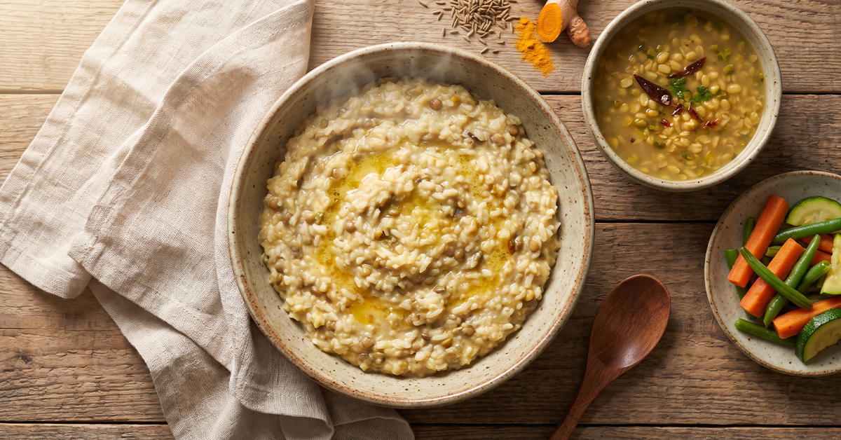Warm khichdi and moong dal soup, easy-to-digest foods for cancer recovery