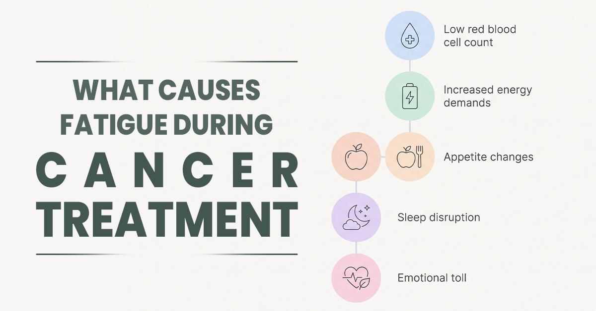 Infographic showing causes of fatigue during cancer treatment