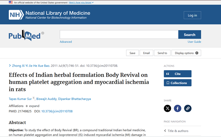 Effects of Indian Herbal Formulation Body Revival on human platelet Aggregation and Myocardial Ischemia in Rats