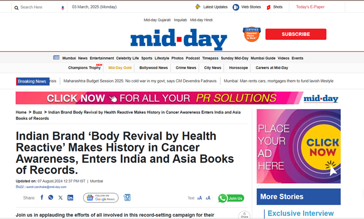 Indian Brand ‘Body Revival by Health Reactive’ Makes History in Cancer Awareness, Enters India and Asia Books of Records.